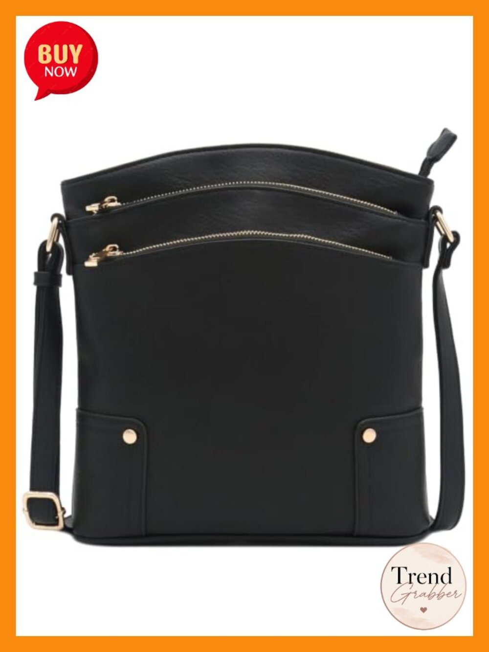 Triple Zip Crossbody Bag Faux Leather Adjustable Strap Everyday